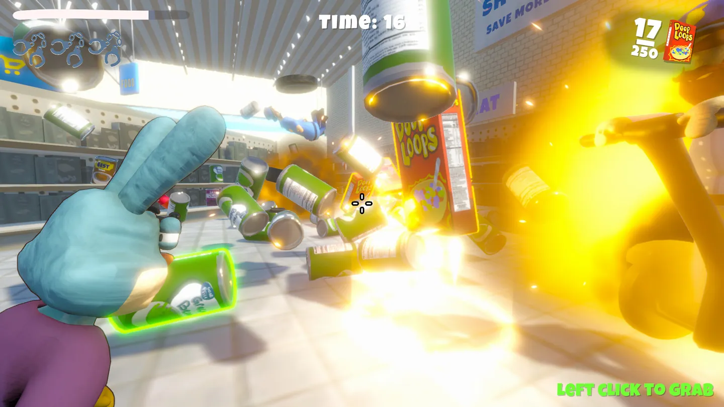 The player throwing groceries during a bright supermarket explosion