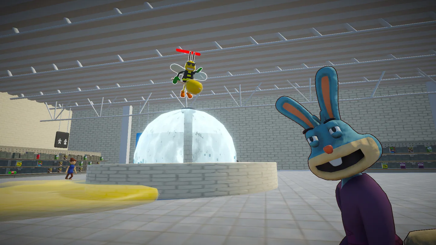 The blue cereal mascot standing beneath a suspended enemy