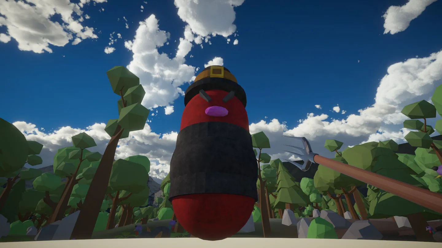 A pilgrim turkey character beneath a bright blue sky