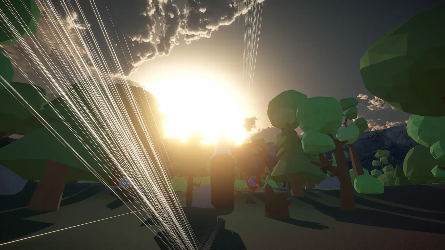 Shotgun trails converging through a sunset forest